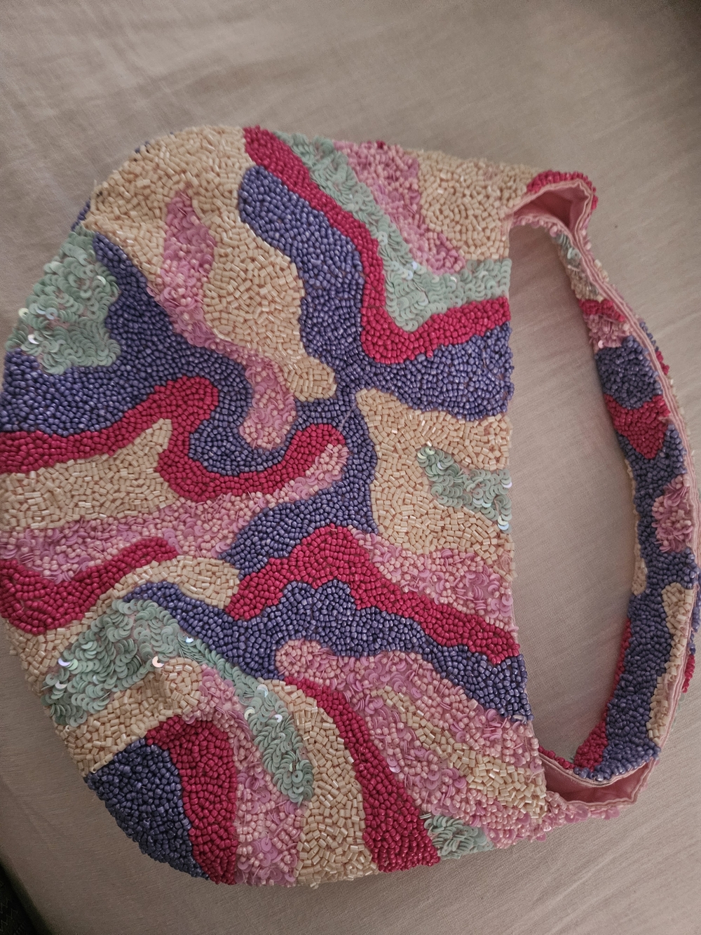 Beaded Multicolor Women's Hobo Bag - Pink, Purple & Cream - Picture 3 of 4